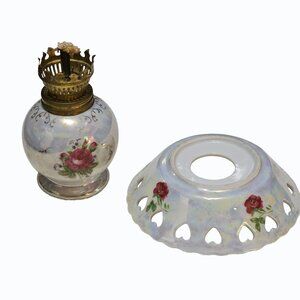 Vtg Lot  Japan Mini 4" Porcelain Kerosene Oil Lamp Roses Base Plus 2 Bobeches